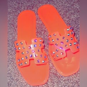 Orange Slide Sandals with Rhinestones